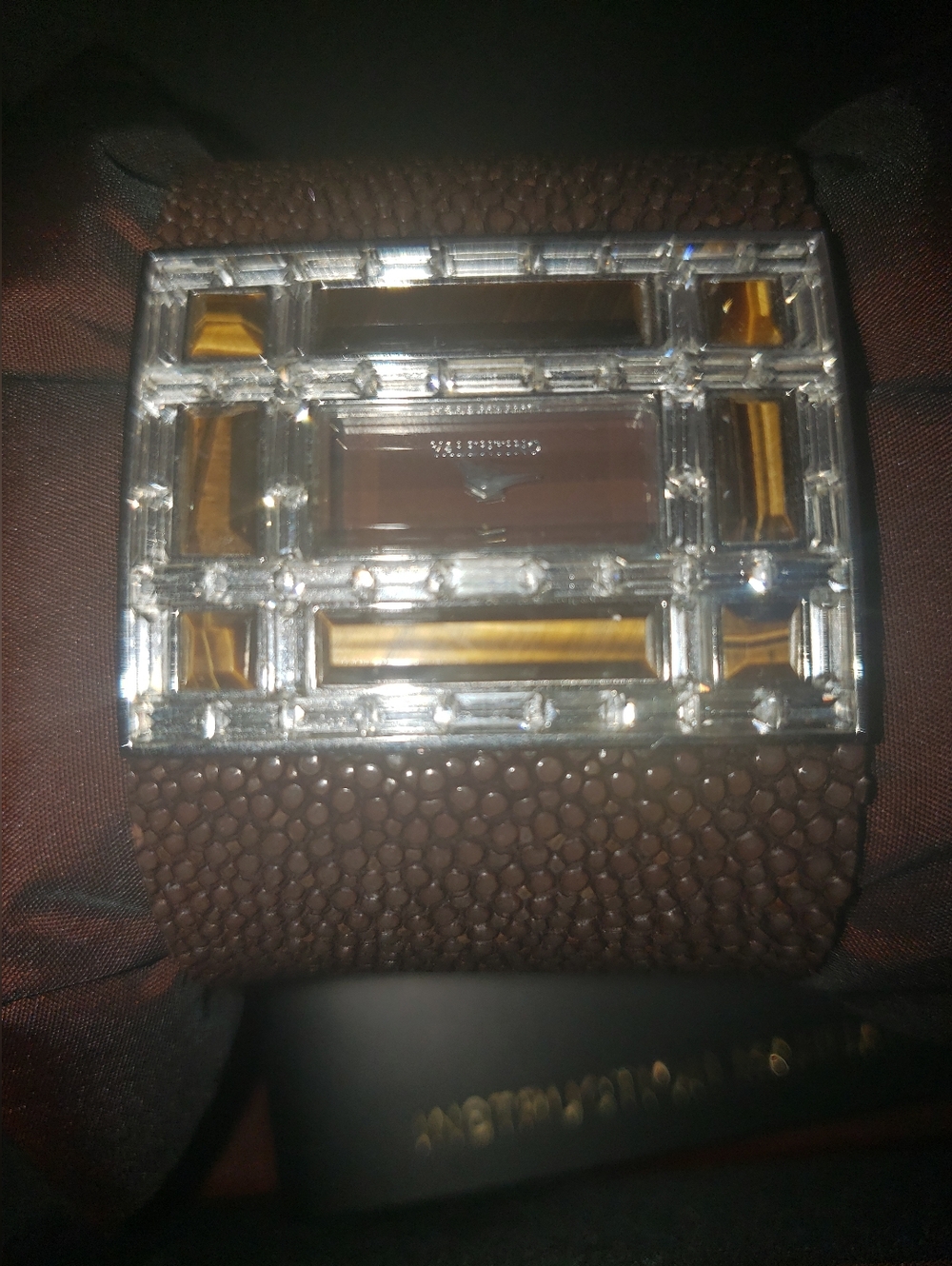 Valentino Stingray Skin Wide Brown Band Tiger Eye Swarovski Crystal Watch